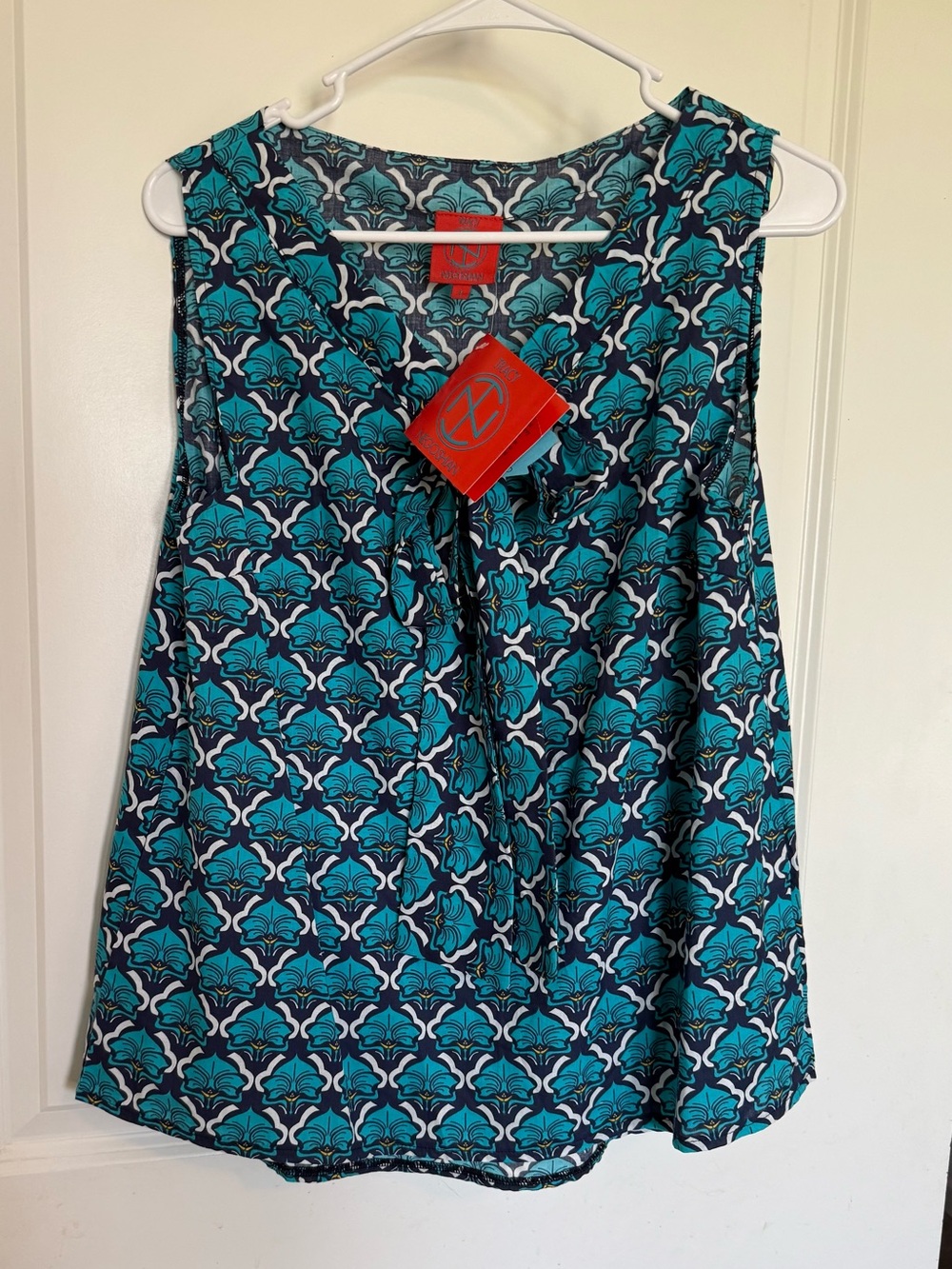Tracy Negoshian Teal & Navy Printed Tie-Front Camisole